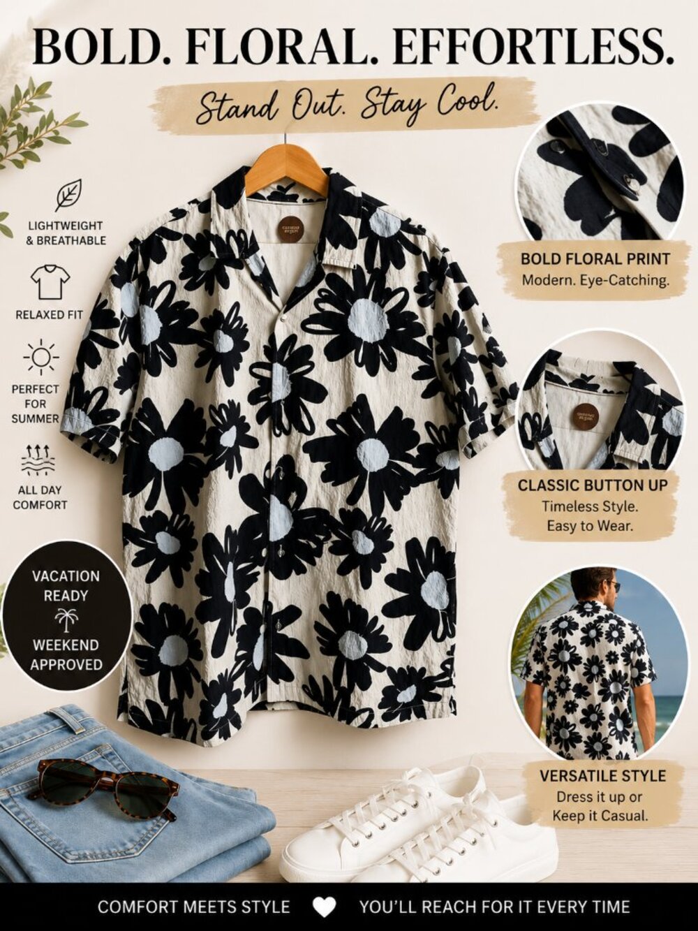 Common People Men's XL Navy & White Floral Button-Up Camp Shirt